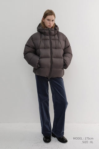 UNISEX HOODED VOLUME GOOSE DOWN JACKET DARK BROWN