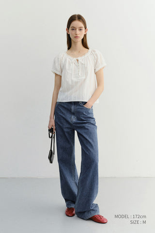 RIBBONED SHIRRING BLOUSE OFF WHITE
