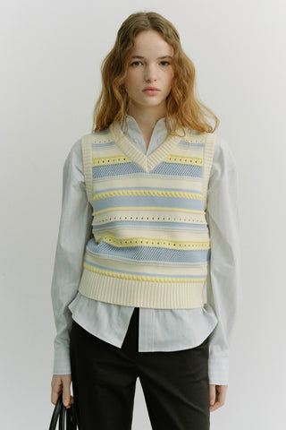 UNISEX CRAFTED STRIPED KNIT VEST CREAM SOFT BLUE