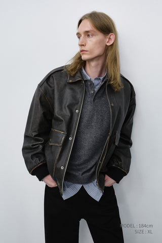 UNISEX DETACHABLE A-2 LEATHER BLOUSON BRUSHED BLACK