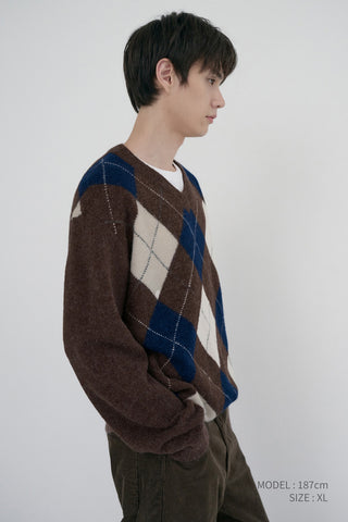 UNISEX HAIRY ALPACA ARGYLE SWEATER GREYISH BROWN