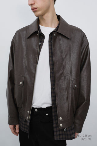UNISEX ALTER-LEATHER ZIP-UP BLOUSON DARK BROWN