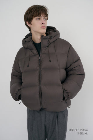 UNISEX HOODED VOLUME GOOSE DOWN JACKET DARK BROWN