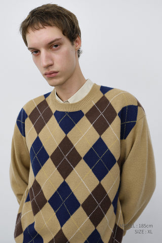 UNISEX ARGYLE CREWNECK SWEATER CAMEL BEIGE