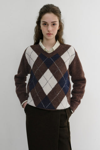 UNISEX HAIRY ALPACA ARGYLE SWEATER GREYISH BROWN