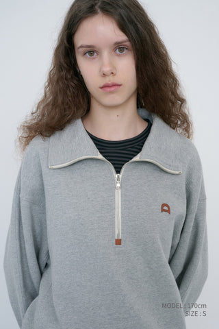 UNISEX LEATHER LOGO HALF ZIP-UP SWEATSHIRT MELANGE GREY