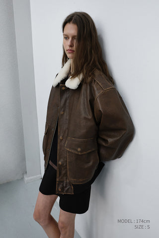 UNISEX DETACHABLE A-2 LEATHER BLOUSON BROWN