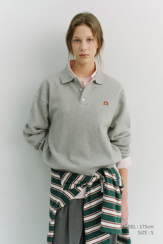 UNISEX LEATHER LOGO COLLARED T-SHIRT MELANGE GREY