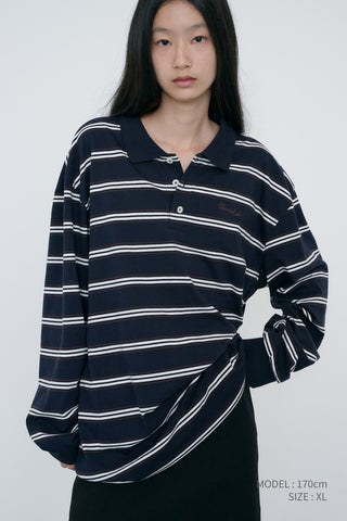 UNISEX MULTI STRIPE COLLARED T-SHIRT NAVY STRIPE