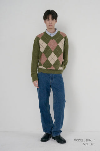 UNISEX HAIRY ALPACA ARGYLE SWEATER OLIVE KHAKI