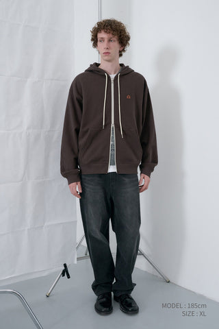 UNISEX LEATHER LOGO ZIP-UP HOODIE BROWN
