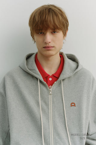 UNISEX LEATHER LOGO ZIP-UP HOODIE MELANGE GREY