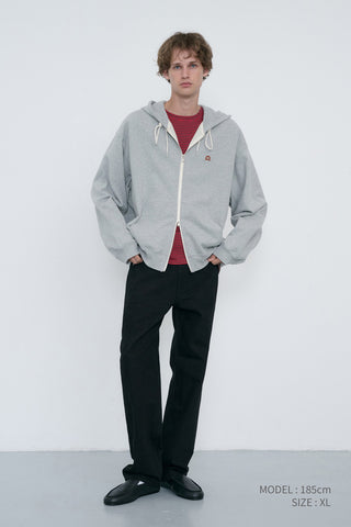 UNISEX LEATHER LOGO ZIP-UP HOODIE MELANGE GREY