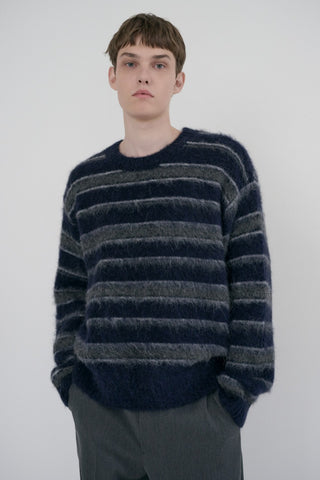UNISEX STRIPED HAIRY SWEATER NAVY GREY