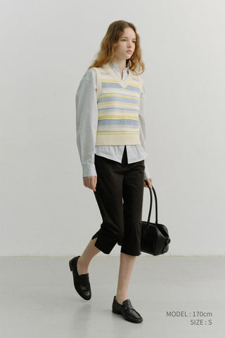 UNISEX CRAFTED STRIPED KNIT VEST CREAM SOFT BLUE