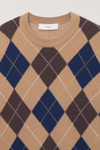 UNISEX ARGYLE CREWNECK SWEATER CAMEL BEIGE