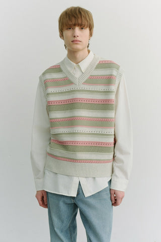 UNISEX CRAFTED STRIPED KNIT VEST IVORY MINT