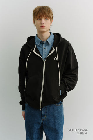 UNISEX LEATHER LOGO ZIP-UP HOODIE BLACK