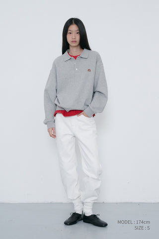 UNISEX LEATHER LOGO COLLARED T-SHIRT MELANGE GREY