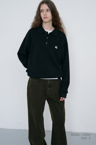 UNISEX LEATHER LOGO COLLARED T-SHIRT BLACK