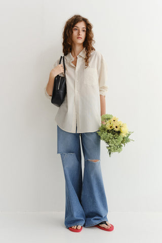 UNISEX CLASSIC STRIPED BD OVERSHIRT BEIGE