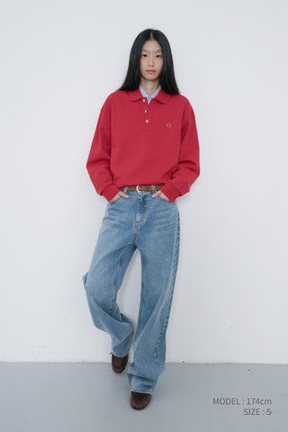 UNISEX LEATHER LOGO COLLARED T-SHIRT RED