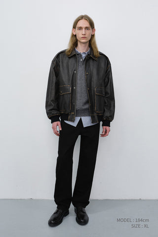 UNISEX DETACHABLE A-2 LEATHER BLOUSON BRUSHED BLACK