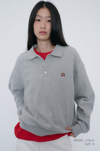 UNISEX LEATHER LOGO COLLARED T-SHIRT MELANGE GREY