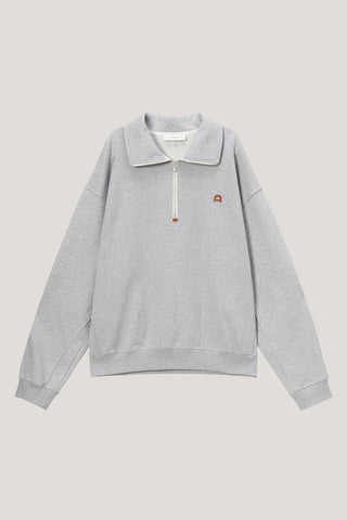 UNISEX LEATHER LOGO HALF ZIP-UP SWEATSHIRT MELANGE GREY