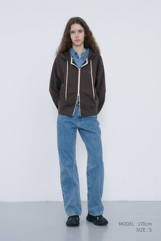 UNISEX LEATHER LOGO ZIP-UP HOODIE BROWN