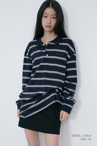 UNISEX MULTI STRIPE COLLARED T-SHIRT NAVY STRIPE