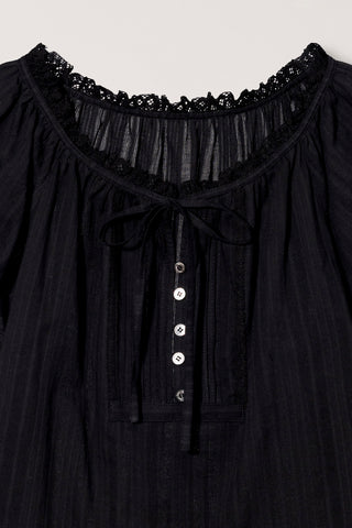 RIBBONED SHIRRING BLOUSE BLACK