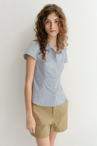 VINTAGE CAP SLEEVE SLIM SHIRT SOFT BLUE CHECK