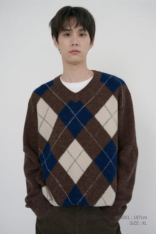 UNISEX HAIRY ALPACA ARGYLE SWEATER GREYISH BROWN