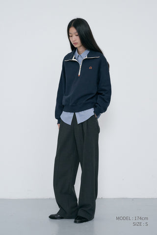 UNISEX LEATHER LOGO HALF ZIP-UP SWEATSHIRT FRENCH NAVY