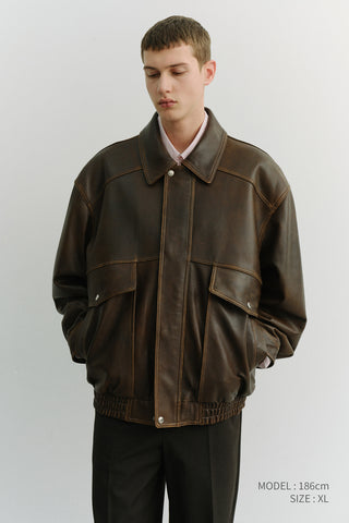 UNISEX OVERSIZED VINTAGE LEATHER BLOUSON BRUSHED BROWN