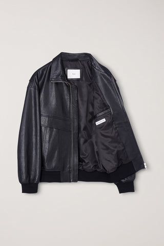 UNISEX STAND COLLARED LEATHER BLOUSON BLACK