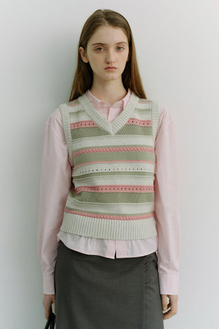 UNISEX CRAFTED STRIPED KNIT VEST IVORY MINT