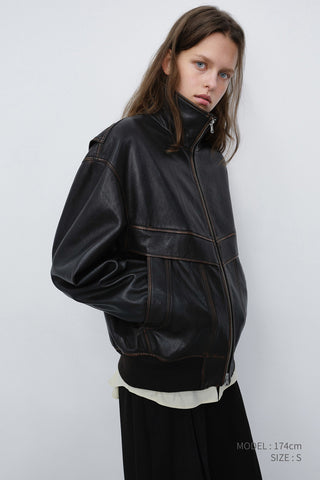 UNISEX STAND COLLARED LEATHER BLOUSON BRUSHED BROWN