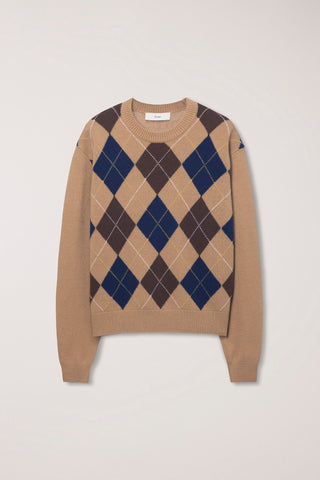 UNISEX ARGYLE CREWNECK SWEATER CAMEL BEIGE