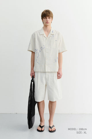 UNISEX HAND-DRAWING OPEN COLLARED SHIRT CAPRI OCEAN