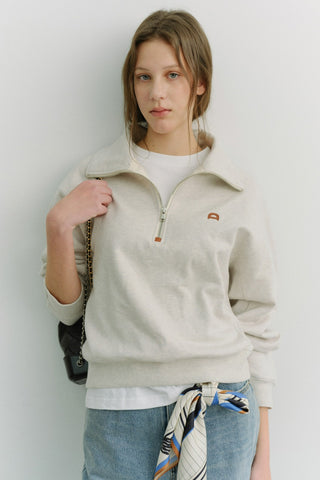 UNISEX LEATHER LOGO HALF ZIP-UP SWEATSHIRT OATMEAL MELANGE