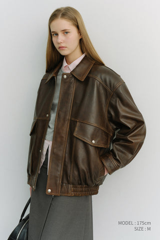 UNISEX OVERSIZED VINTAGE LEATHER BLOUSON BRUSHED BROWN