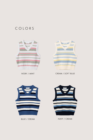 UNISEX CRAFTED STRIPED KNIT VEST IVORY MINT
