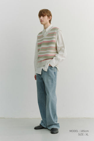UNISEX CRAFTED STRIPED KNIT VEST IVORY MINT