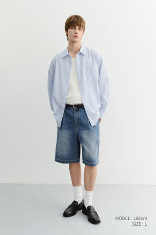 PLEATED BERMUDA DENIM SHORTS CLASSIC BLUE