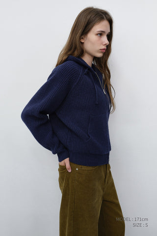 UNISEX HOODED KNIT CARDIGAN DARK BLUE