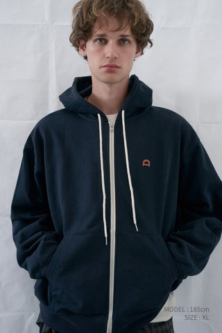 UNISEX LEATHER LOGO ZIP-UP HOODIE FRENCH NAVY
