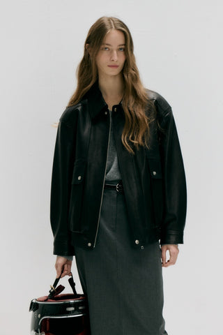 UNISEX OVERSIZED VINTAGE LEATHER BLOUSON BLACK