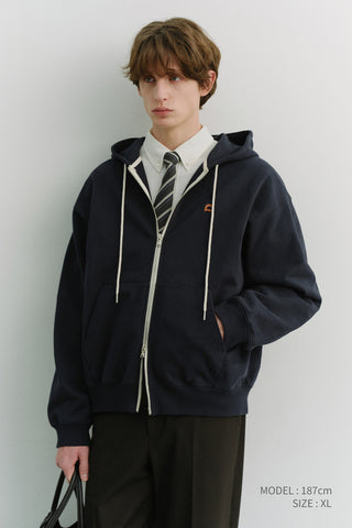 UNISEX LEATHER LOGO ZIP-UP HOODIE FRENCH NAVY